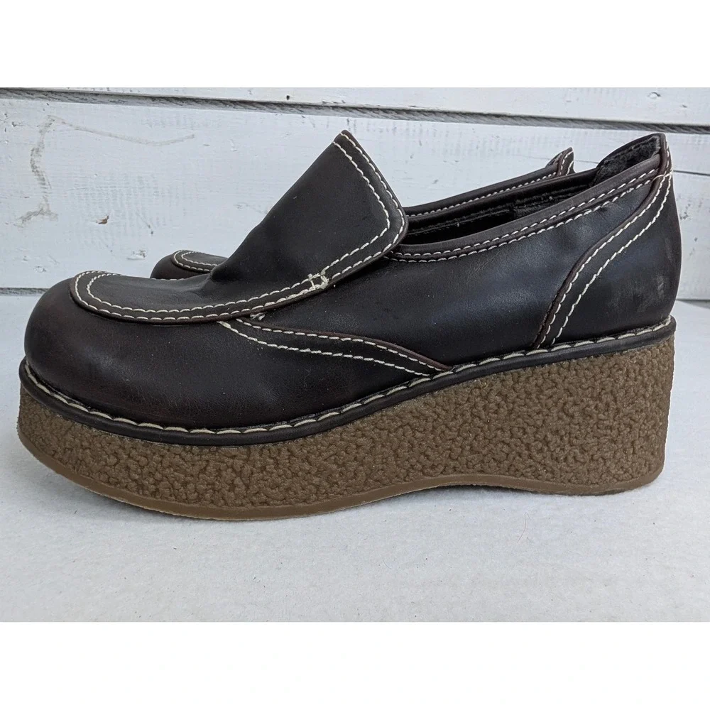 Maurices Womens 6.5 Brown Faux Leather Chunky Platform Loafers Y2K Wedge